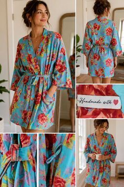 Handmade Floral Kimono Robe Turquoise Cotton Wrap Cover Up Belted Size L